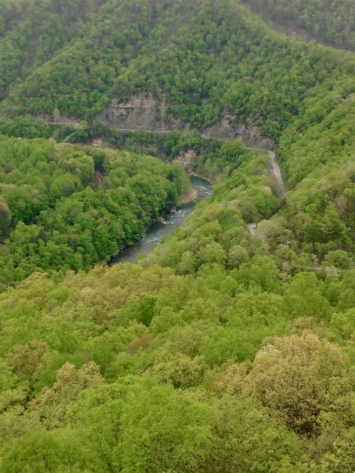 Stateline overlook showing railroad, river, road ascending